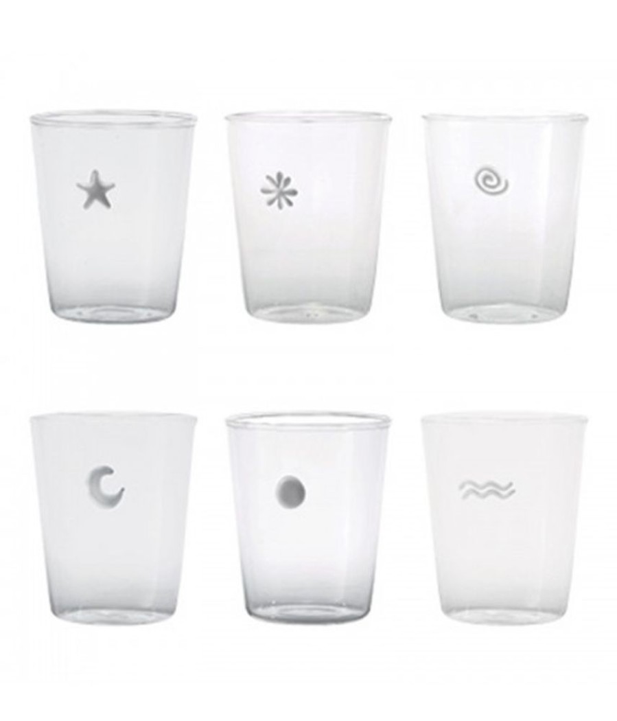 Vetro Colorato Zafferano | Bicchiere Vetro Borosilicato Symbols White Bianco Decori Assortiti Set 6 Pezzi Trasparente