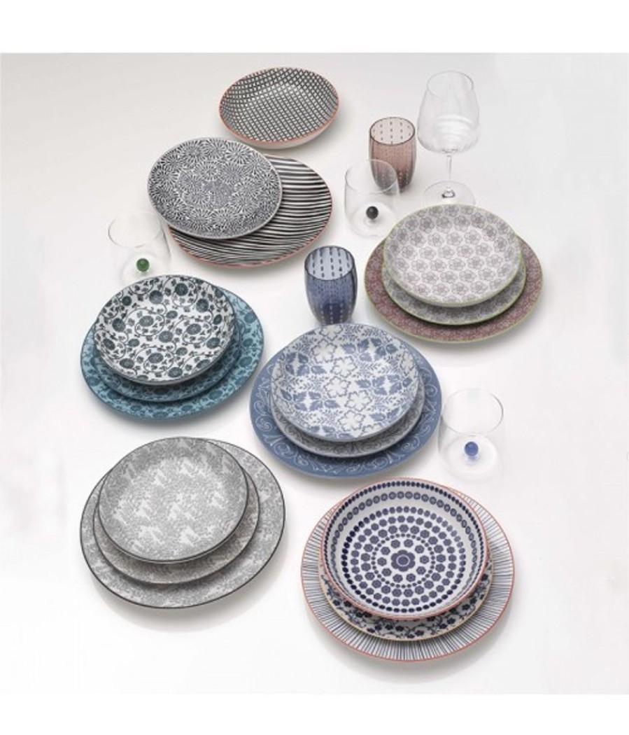 Mix And Match Zafferano | Piatto Porcellana Tue Righe Set 6 Pezzi Blu